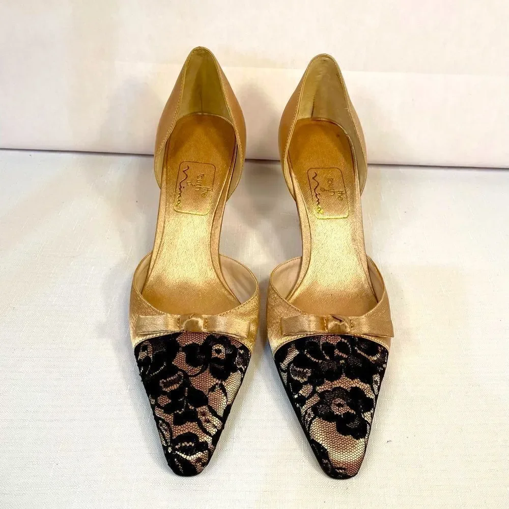 GOLD SATIN w BLACK LACE FORMAL SHOES 3.5” HEEL by THE TOUCH OF NINA SIZE 7.5